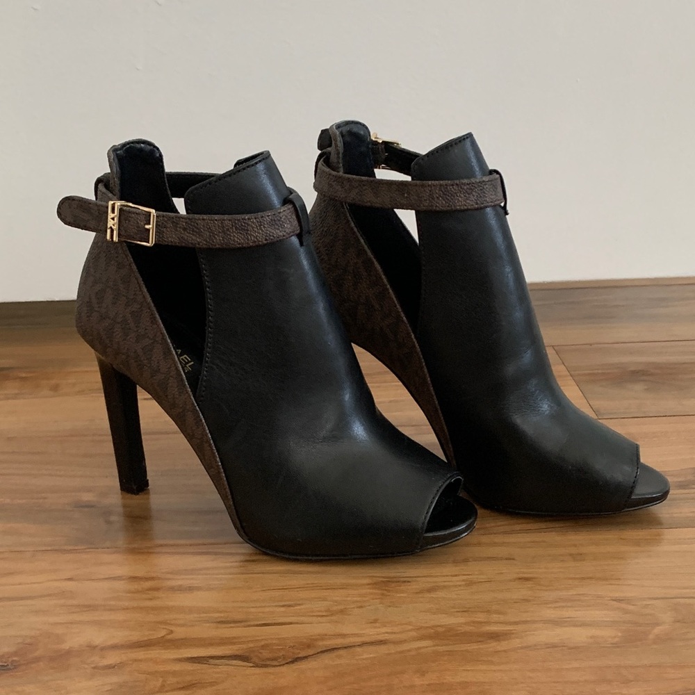 Michael Kors Black & Brown Peep-Toe Ankle Heels with Gold Buckle